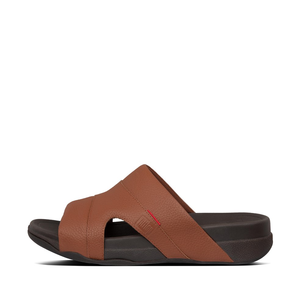 Fitflop Mens Slides Brown/Black - Freeway Leather Pool - 84FIWMJEU